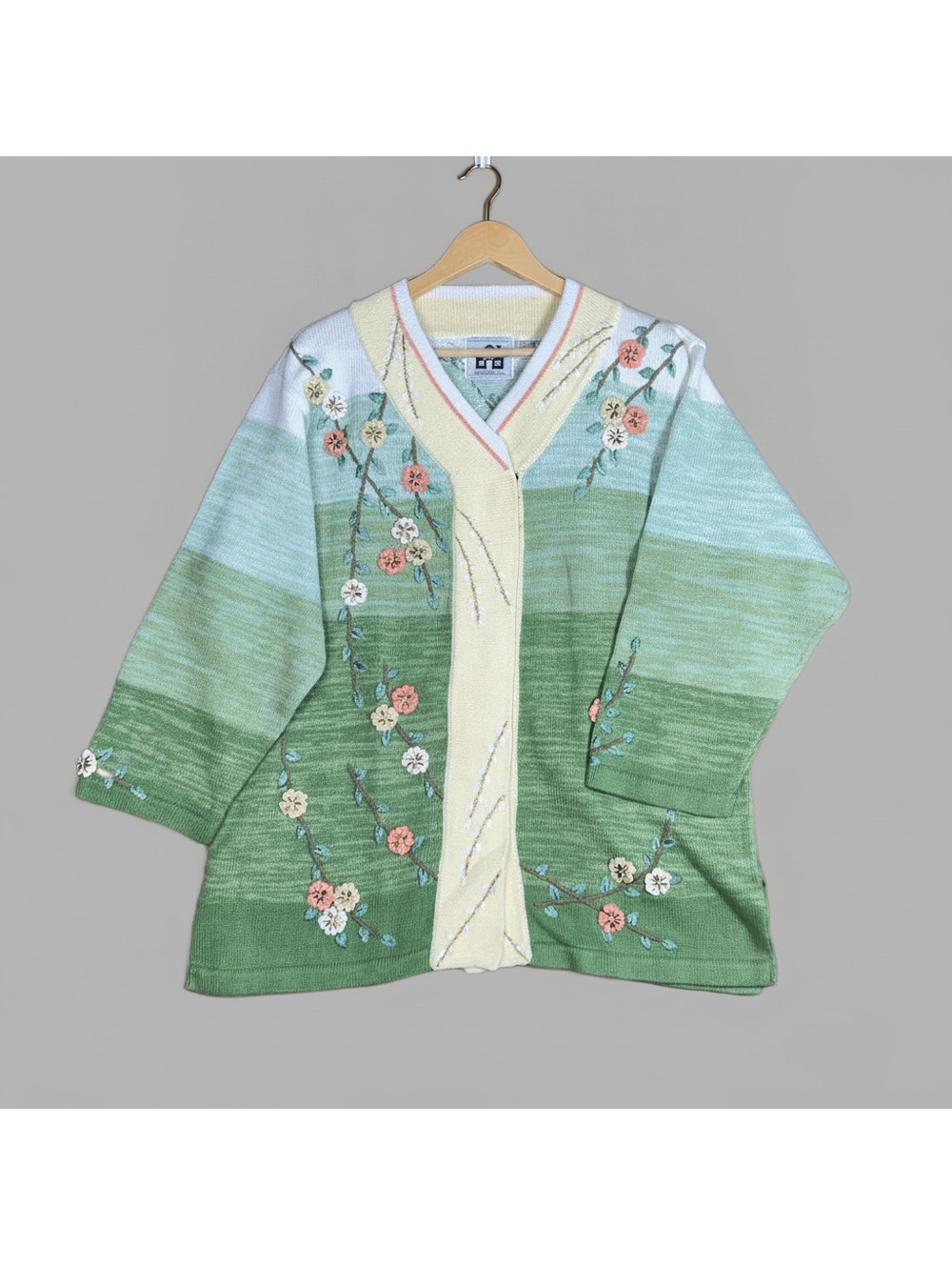 Vintage Storybook Knits Green Floral Embroidered Cardigan Sweater 1X Cottagecore